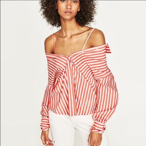 Zara Coral Striped Multi-way Convertible Shirt - Picture 5 of 10